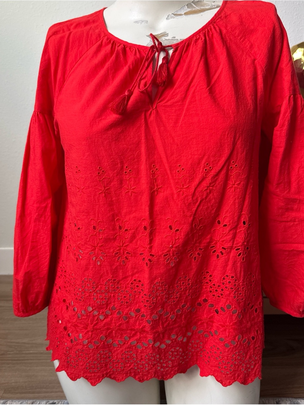 Madewell Orange-Red Eyelet Peasant Tunic Top